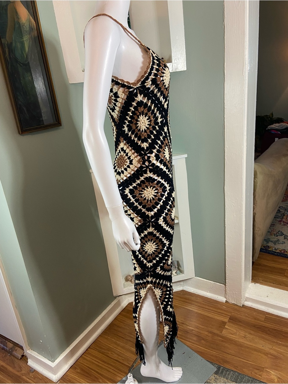 Elan Crochet Aleki Granny Square Fringe Slip Maxi Dress Sheer Coverup Small [TE] - Picture 6 of 13